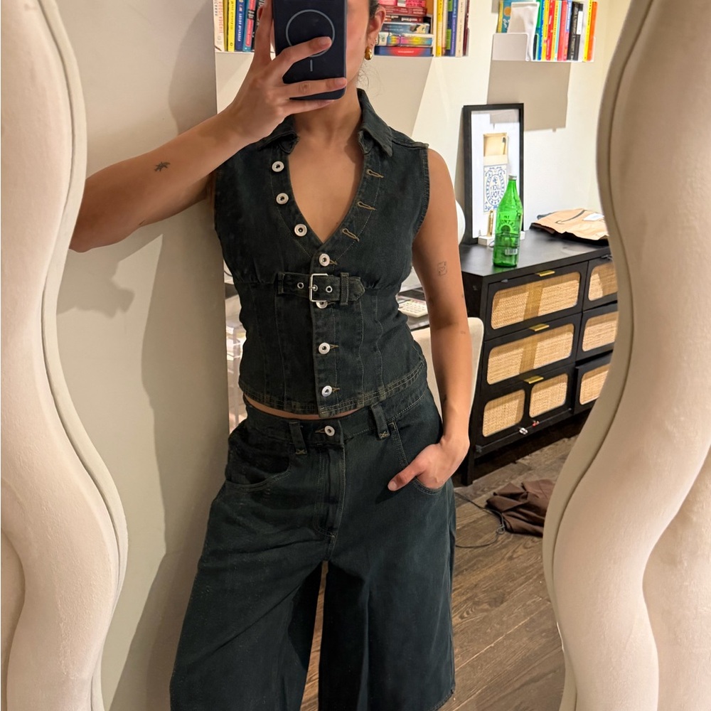 Dark Tinted Denim Button Front Vest and Shorts Set